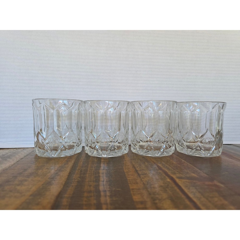 Crown Royal Whiskey Glasses Set of 4 Diamond Cut Embossed Rocks Lowball Tumblers